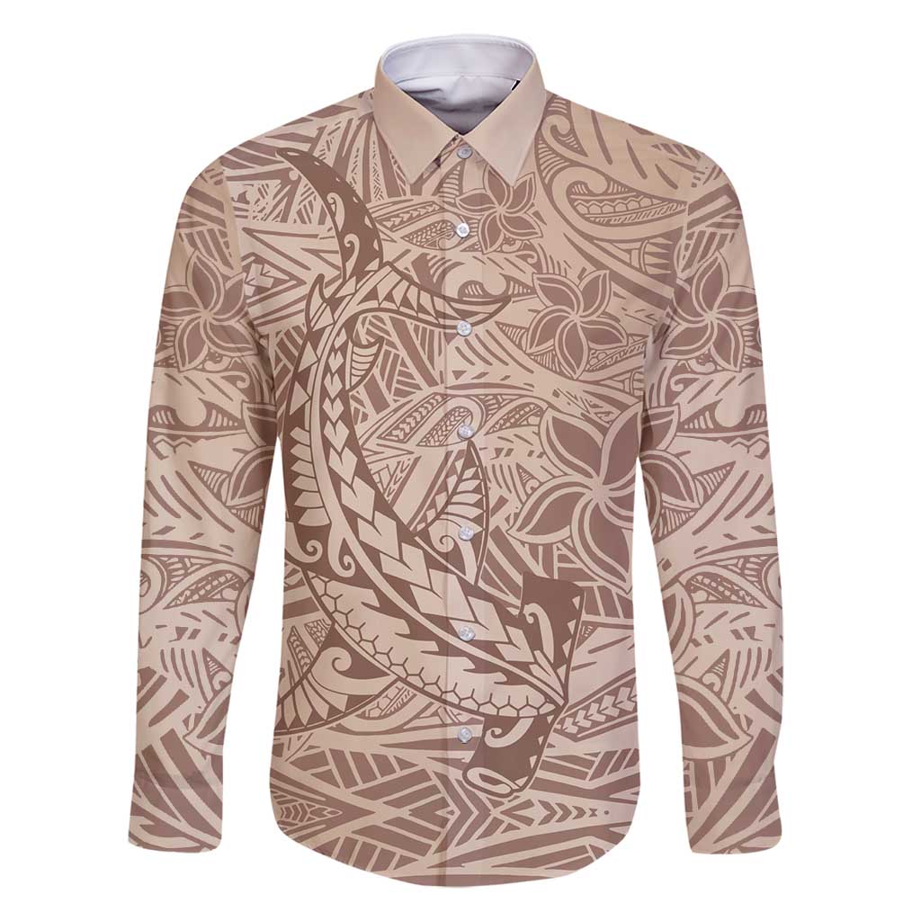 Pastel Brown Polynesia Family Matching Tank Maxi Dress and Hawaiian Shirt Hawaiian Tribal Hammerhead Shark Tattoo LT14 Dad's Shirt - Long Sleeve Pastel Brown - Polynesian Pride
