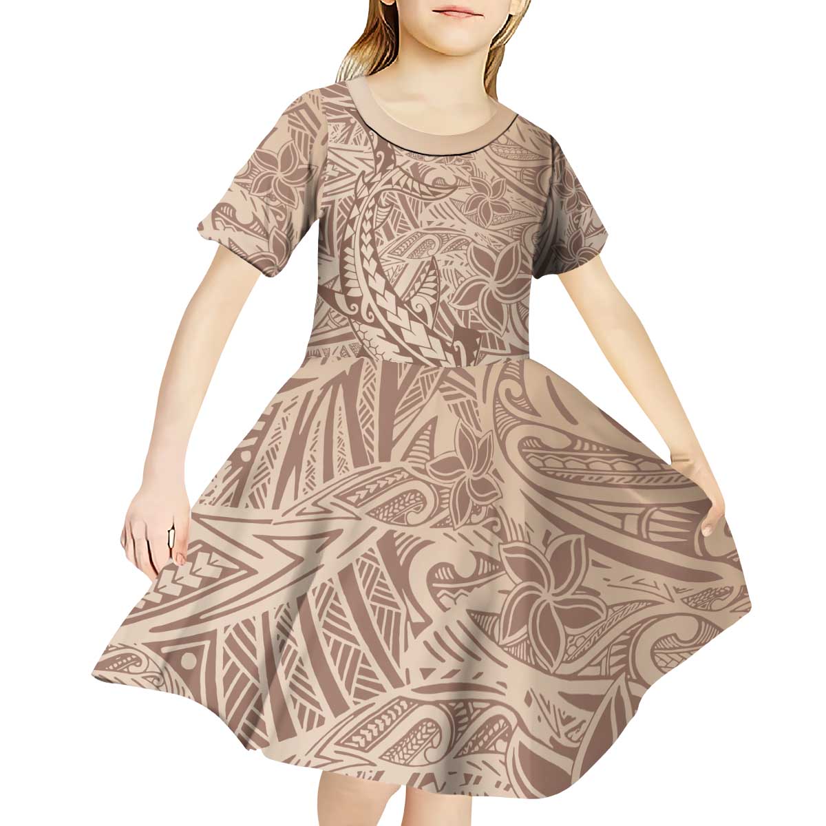 Pink Gradient Polynesia Kid Short Sleeve Dress Hawaiian Tribal Hammerhead Shark Tattoo