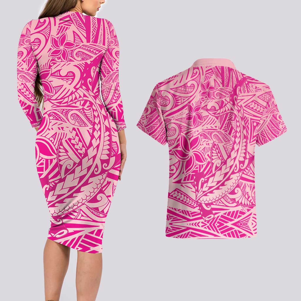 Beige Gradient Polynesia Couples Matching Long Sleeve Bodycon Dress and Hawaiian Shirt Hawaiian Tribal Hammerhead Shark Tattoo LT14 - Polynesian Pride