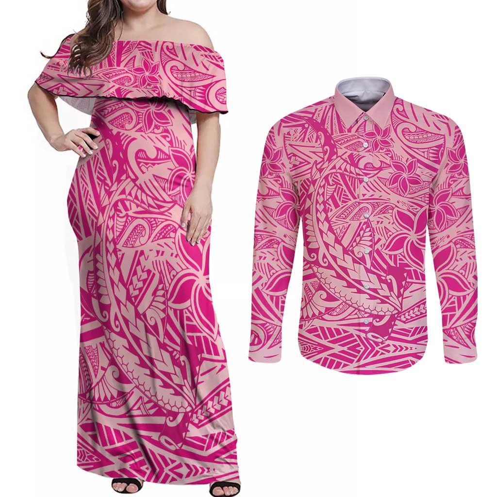 Beige Gradient Polynesia Couples Matching Off Shoulder Maxi Dress and Long Sleeve Button Shirt Hawaiian Tribal Hammerhead Shark Tattoo