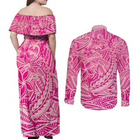 Beige Gradient Polynesia Couples Matching Off Shoulder Maxi Dress and Long Sleeve Button Shirt Hawaiian Tribal Hammerhead Shark Tattoo