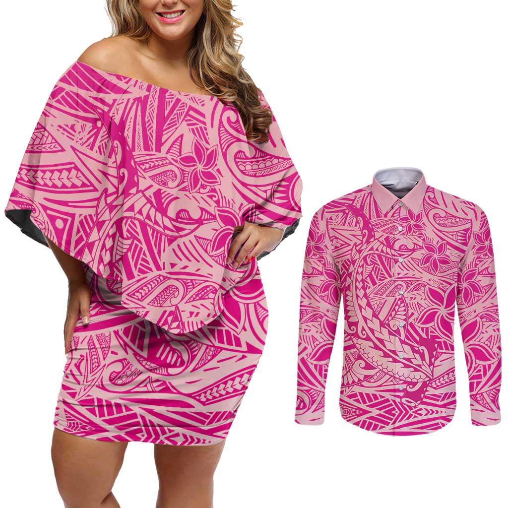 Beige Gradient Polynesia Couples Matching Off Shoulder Short Dress and Long Sleeve Button Shirt Hawaiian Tribal Hammerhead Shark Tattoo