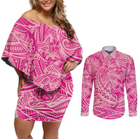 Beige Gradient Polynesia Couples Matching Off Shoulder Short Dress and Long Sleeve Button Shirt Hawaiian Tribal Hammerhead Shark Tattoo