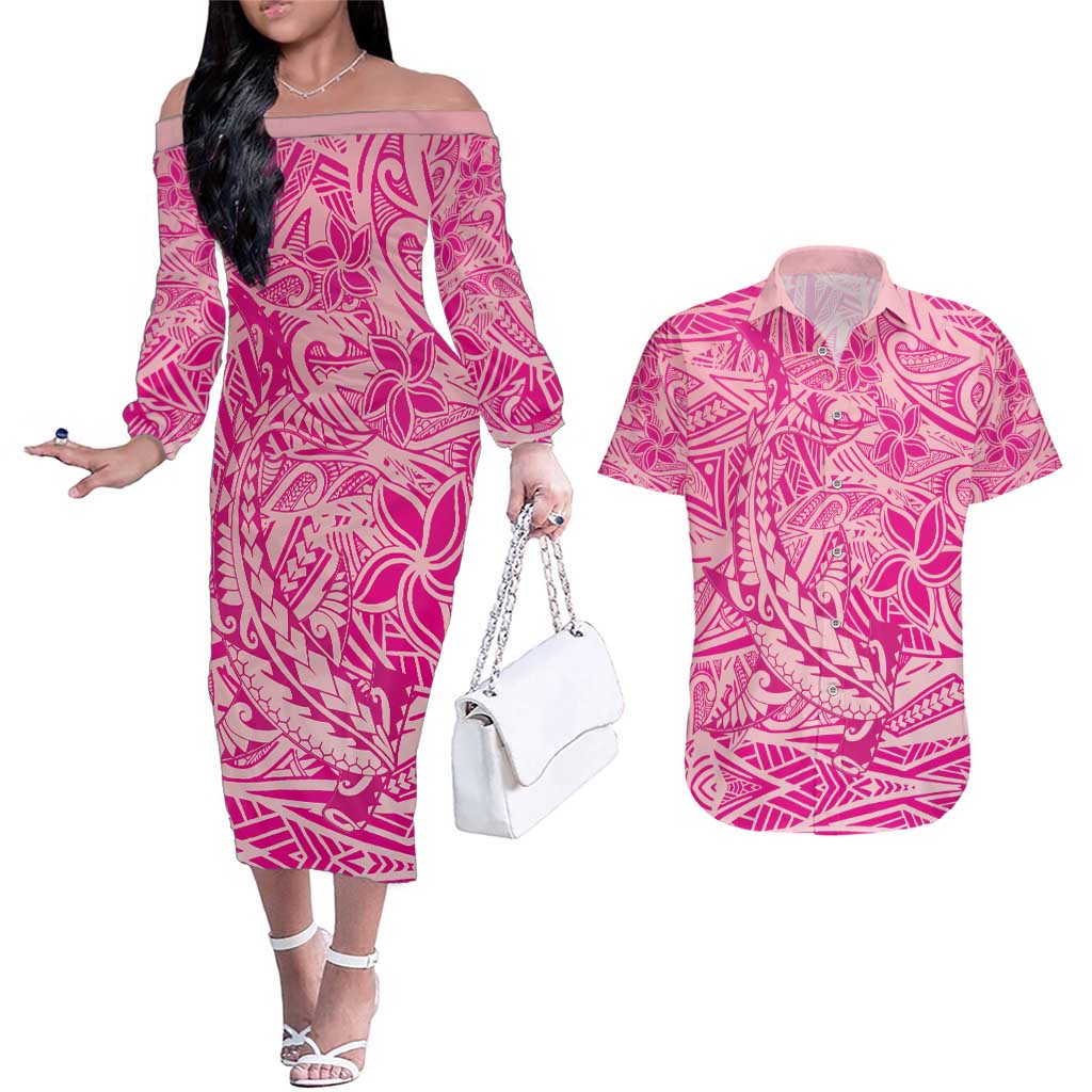Beige Gradient Polynesia Couples Matching Off The Shoulder Long Sleeve Dress and Hawaiian Shirt Hawaiian Tribal Hammerhead Shark Tattoo