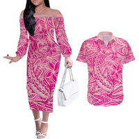 Beige Gradient Polynesia Couples Matching Off The Shoulder Long Sleeve Dress and Hawaiian Shirt Hawaiian Tribal Hammerhead Shark Tattoo LT14 Beige - Polynesian Pride