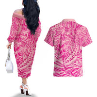 Beige Gradient Polynesia Couples Matching Off The Shoulder Long Sleeve Dress and Hawaiian Shirt Hawaiian Tribal Hammerhead Shark Tattoo LT14 - Polynesian Pride
