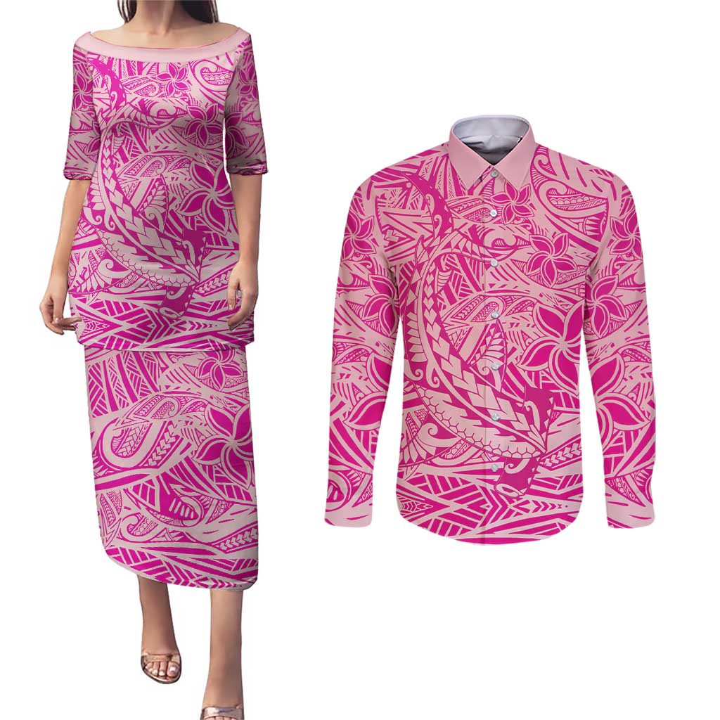Beige Gradient Polynesia Couples Matching Puletasi and Long Sleeve Button Shirt Hawaiian Tribal Hammerhead Shark Tattoo