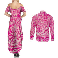 Beige Gradient Polynesia Couples Matching Summer Maxi Dress and Long Sleeve Button Shirt Hawaiian Tribal Hammerhead Shark Tattoo
