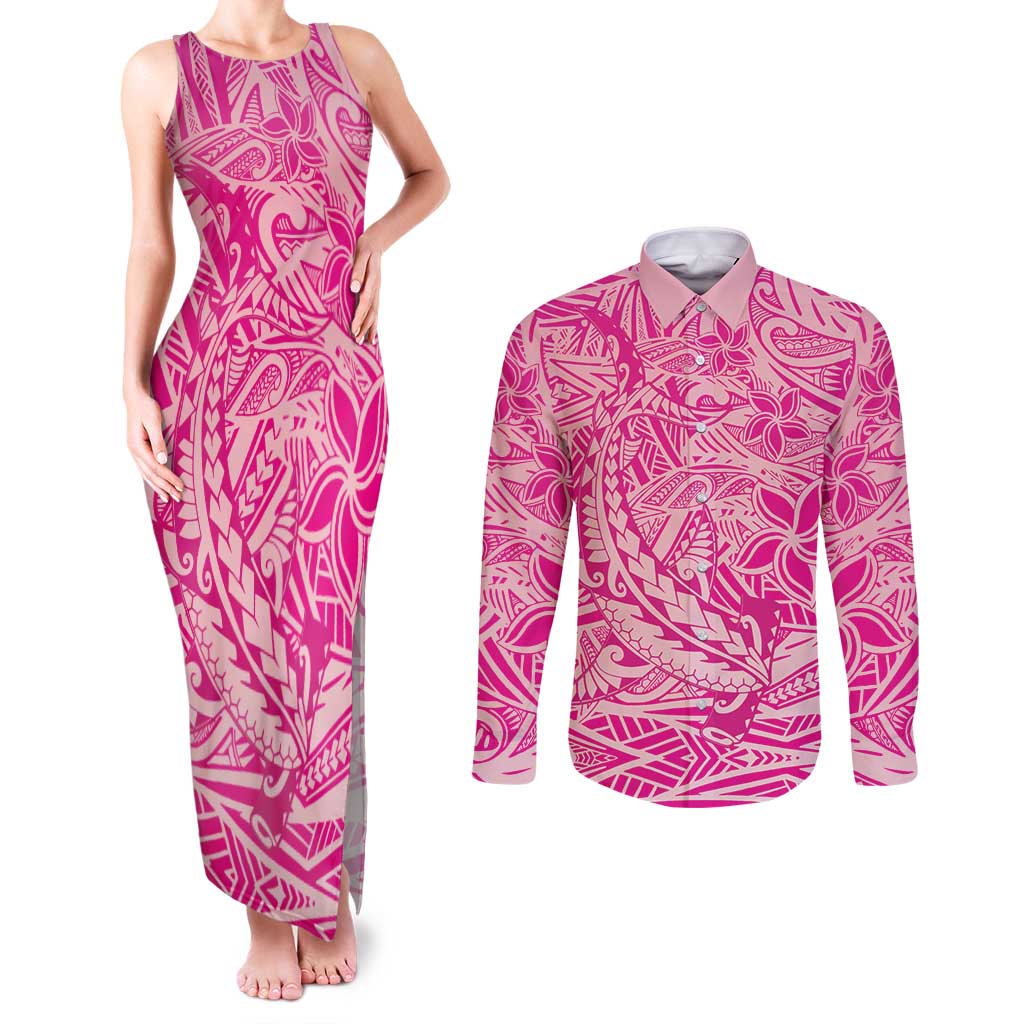 Beige Gradient Polynesia Couples Matching Tank Maxi Dress and Long Sleeve Button Shirt Hawaiian Tribal Hammerhead Shark Tattoo