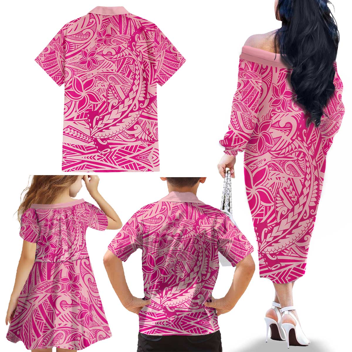Beige Gradient Polynesia Family Matching Off The Shoulder Long Sleeve Dress and Hawaiian Shirt Hawaiian Tribal Hammerhead Shark Tattoo LT14 - Polynesian Pride