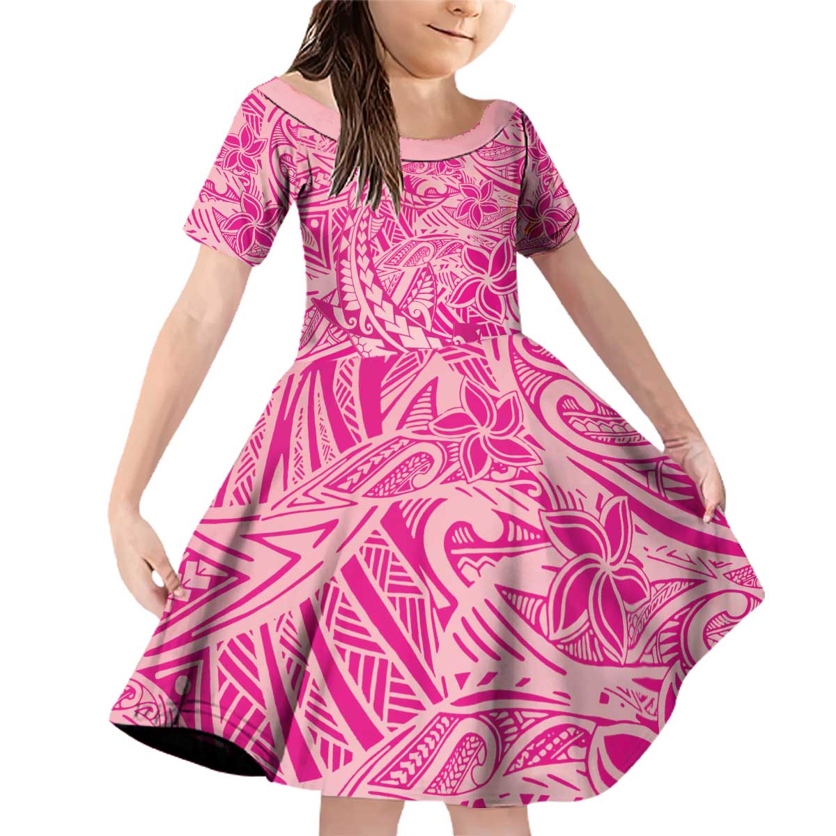 Beige Gradient Polynesia Family Matching Off Shoulder Short Dress and Hawaiian Shirt Hawaiian Tribal Hammerhead Shark Tattoo LT14 Daughter's Dress Beige - Polynesian Pride