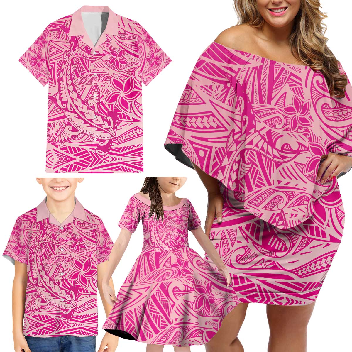 Beige Gradient Polynesia Family Matching Off Shoulder Short Dress and Hawaiian Shirt Hawaiian Tribal Hammerhead Shark Tattoo LT14 - Polynesian Pride