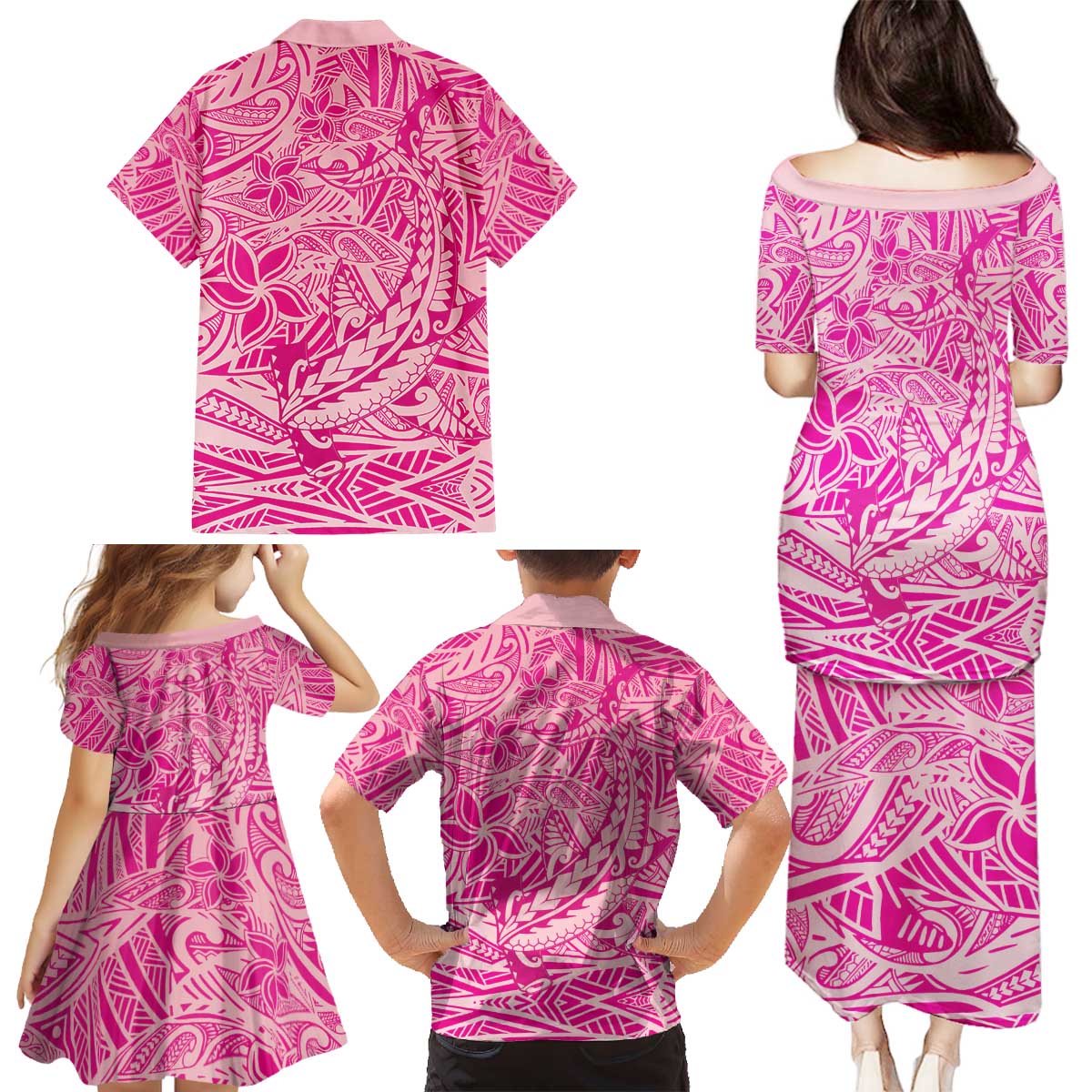 Beige Gradient Polynesia Family Matching Puletasi and Hawaiian Shirt Hawaiian Tribal Hammerhead Shark Tattoo LT14 - Polynesian Pride