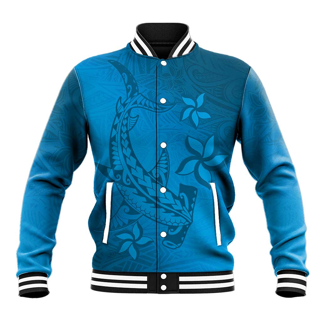 Blue Gradient Polynesia Baseball Jacket Hawaiian Tribal Hammerhead Shark Tattoo