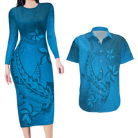 Blue Gradient Polynesia Couples Matching Long Sleeve Bodycon Dress and Hawaiian Shirt Hawaiian Tribal Hammerhead Shark Tattoo LT14 Blue - Polynesian Pride
