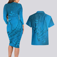 Blue Gradient Polynesia Couples Matching Long Sleeve Bodycon Dress and Hawaiian Shirt Hawaiian Tribal Hammerhead Shark Tattoo LT14 - Polynesian Pride