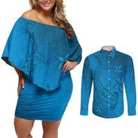 Blue Gradient Polynesia Couples Matching Off Shoulder Short Dress and Long Sleeve Button Shirt Hawaiian Tribal Hammerhead Shark Tattoo