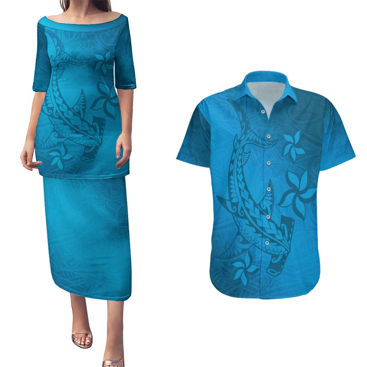 Blue Gradient Polynesia Couples Matching Puletasi and Hawaiian Shirt Hawaiian Tribal Hammerhead Shark Tattoo