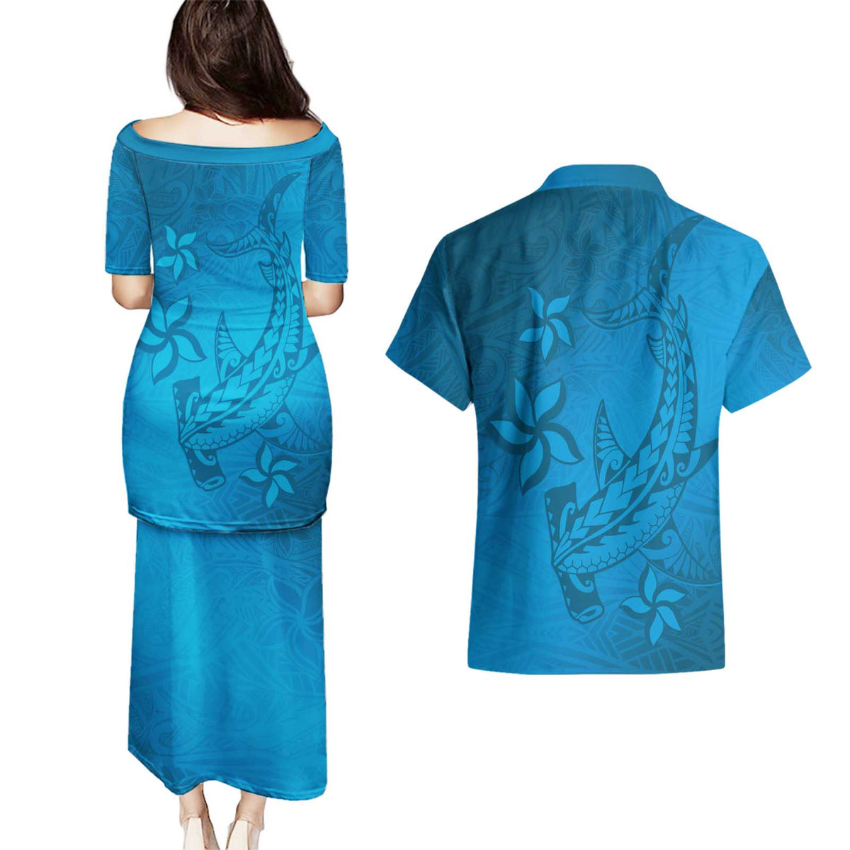Blue Gradient Polynesia Couples Matching Puletasi and Hawaiian Shirt Hawaiian Tribal Hammerhead Shark Tattoo