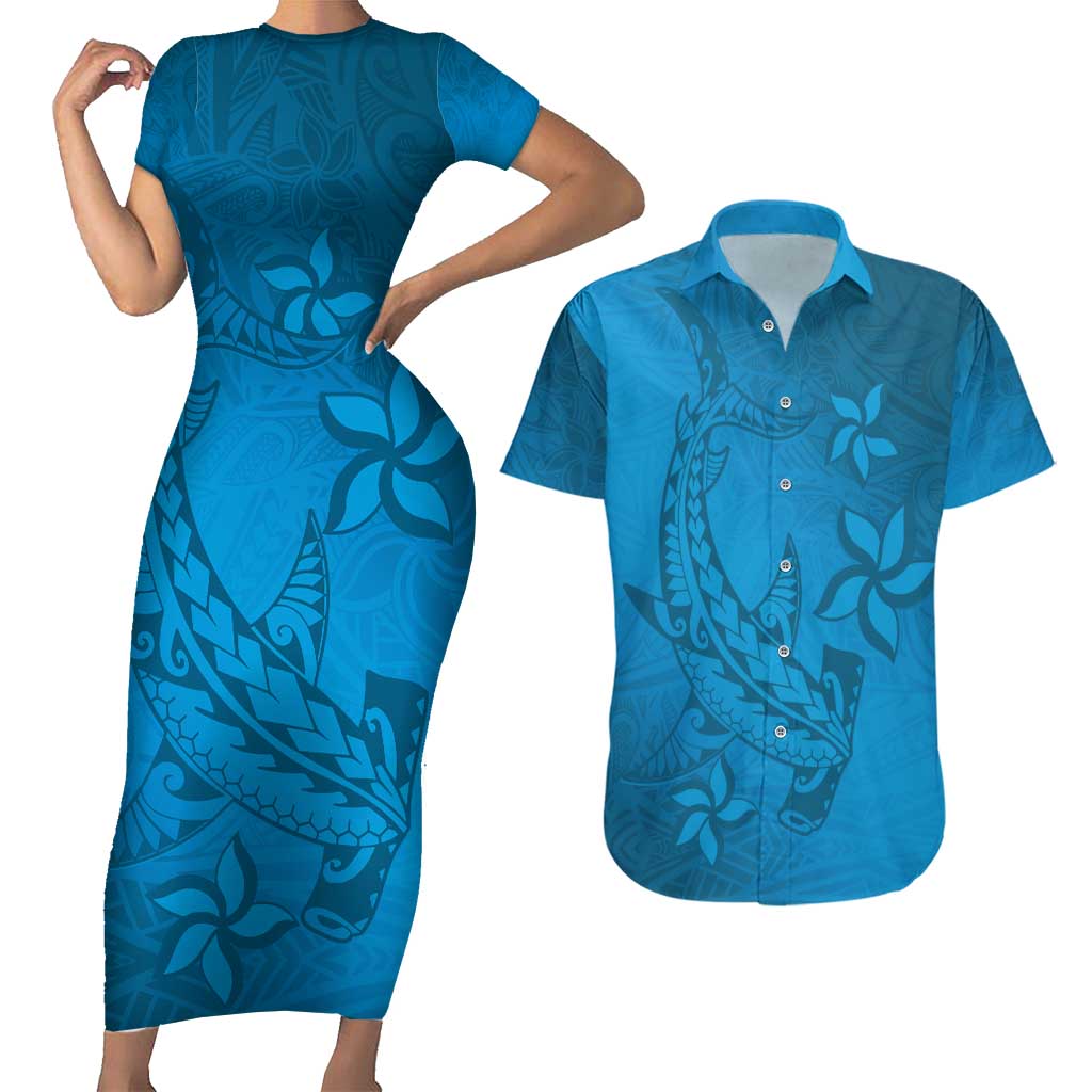 Blue Gradient Polynesia Couples Matching Short Sleeve Bodycon Dress and Hawaiian Shirt Hawaiian Tribal Hammerhead Shark Tattoo LT14 Blue - Polynesian Pride