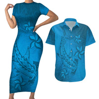 Blue Gradient Polynesia Couples Matching Short Sleeve Bodycon Dress and Hawaiian Shirt Hawaiian Tribal Hammerhead Shark Tattoo LT14 Blue - Polynesian Pride