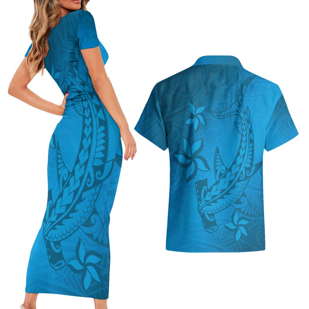 Blue Gradient Polynesia Couples Matching Short Sleeve Bodycon Dress and Hawaiian Shirt Hawaiian Tribal Hammerhead Shark Tattoo LT14 - Polynesian Pride