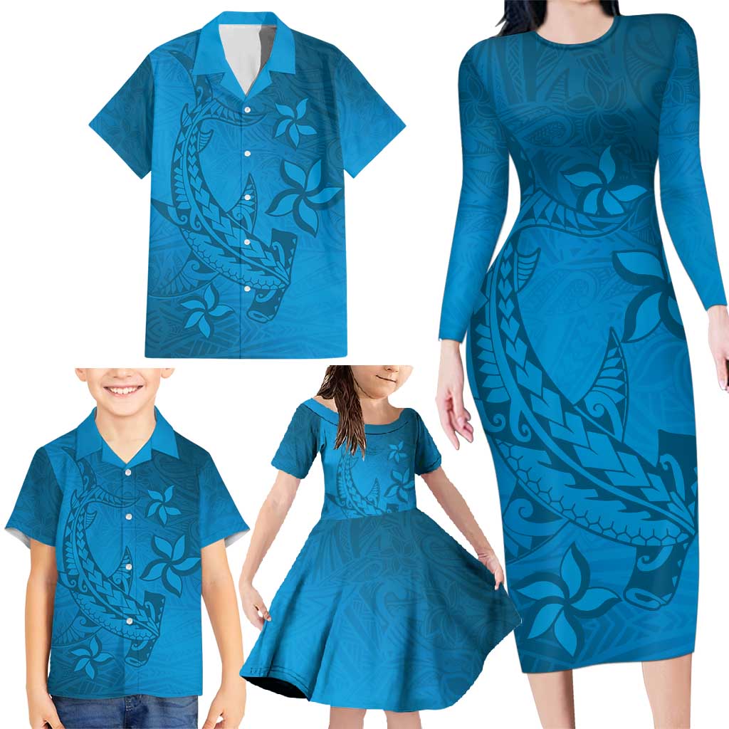 Blue Gradient Polynesia Family Matching Long Sleeve Bodycon Dress and Hawaiian Shirt Hawaiian Tribal Hammerhead Shark Tattoo LT14 - Polynesian Pride
