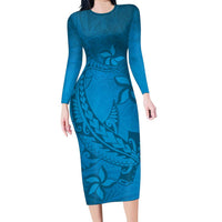 Blue Gradient Polynesia Family Matching Long Sleeve Bodycon Dress and Hawaiian Shirt Hawaiian Tribal Hammerhead Shark Tattoo LT14 Mom's Dress Blue - Polynesian Pride