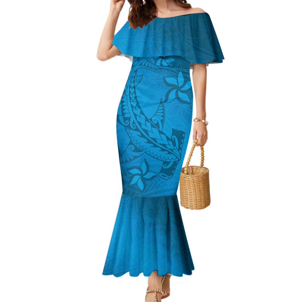Blue Gradient Polynesia Family Matching Mermaid Dress and Hawaiian Shirt Hawaiian Tribal Hammerhead Shark Tattoo LT14 Mom's Dress Blue - Polynesian Pride