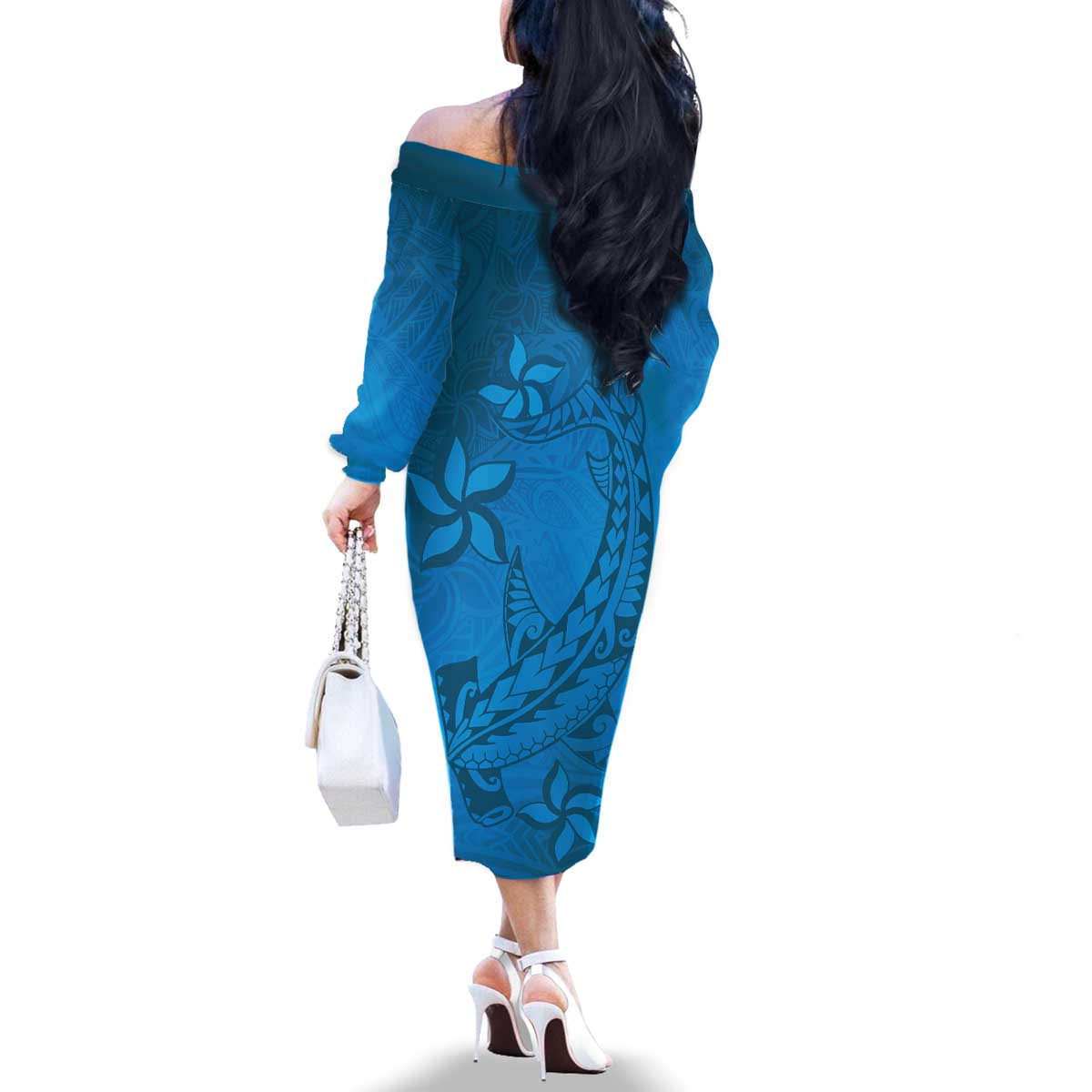 Blue Gradient Polynesia Family Matching Off The Shoulder Long Sleeve Dress and Hawaiian Shirt Hawaiian Tribal Hammerhead Shark Tattoo LT14 - Polynesian Pride