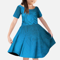 Blue Gradient Polynesia Family Matching Off Shoulder Maxi Dress and Hawaiian Shirt Hawaiian Tribal Hammerhead Shark Tattoo LT14 Daughter's Dress Blue - Polynesian Pride