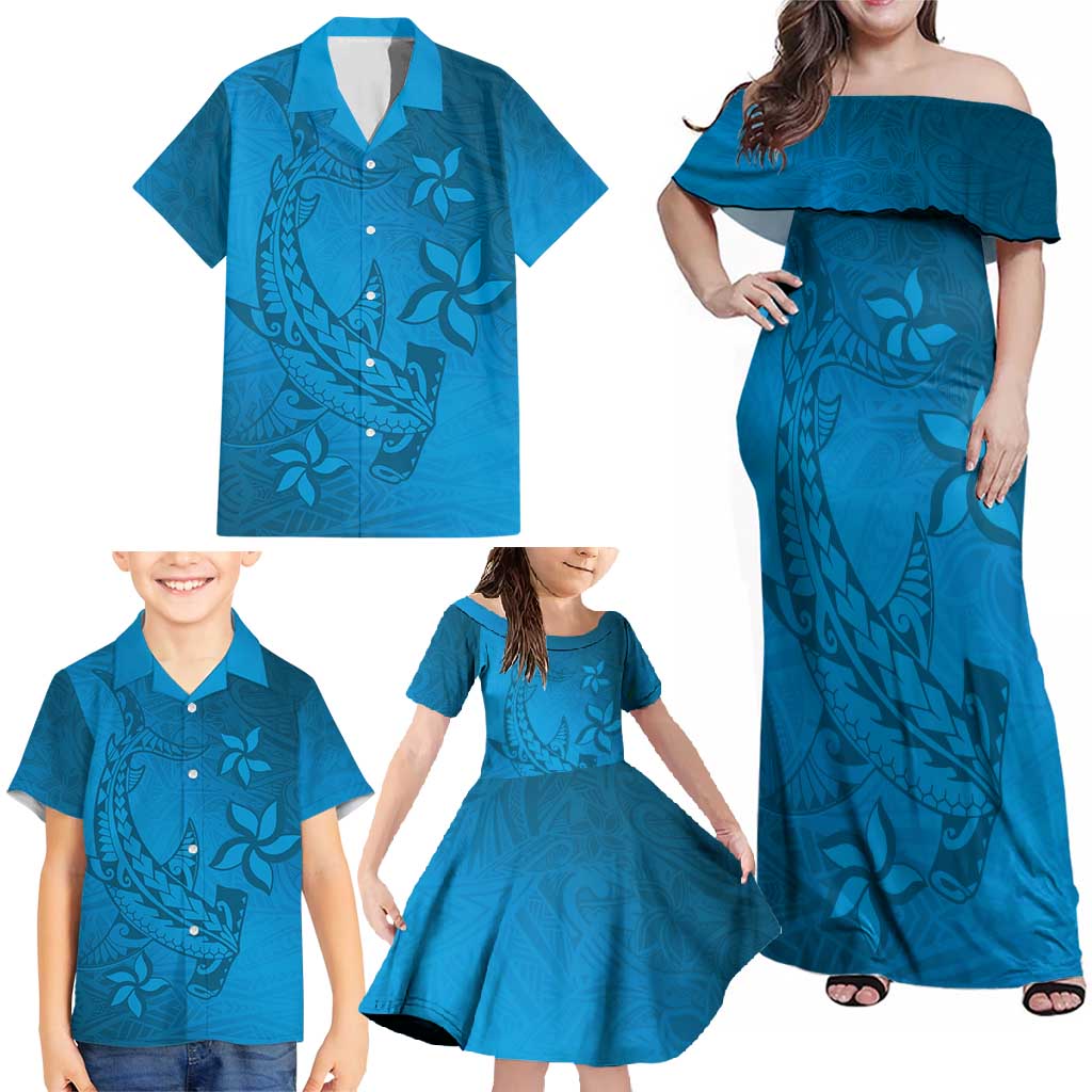 Blue Gradient Polynesia Family Matching Off Shoulder Maxi Dress and Hawaiian Shirt Hawaiian Tribal Hammerhead Shark Tattoo LT14 - Polynesian Pride