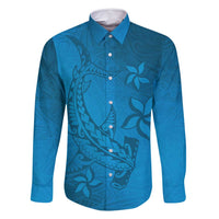 Blue Gradient Polynesia Family Matching Off Shoulder Maxi Dress and Hawaiian Shirt Hawaiian Tribal Hammerhead Shark Tattoo LT14 Dad's Shirt - Long Sleeve Blue - Polynesian Pride