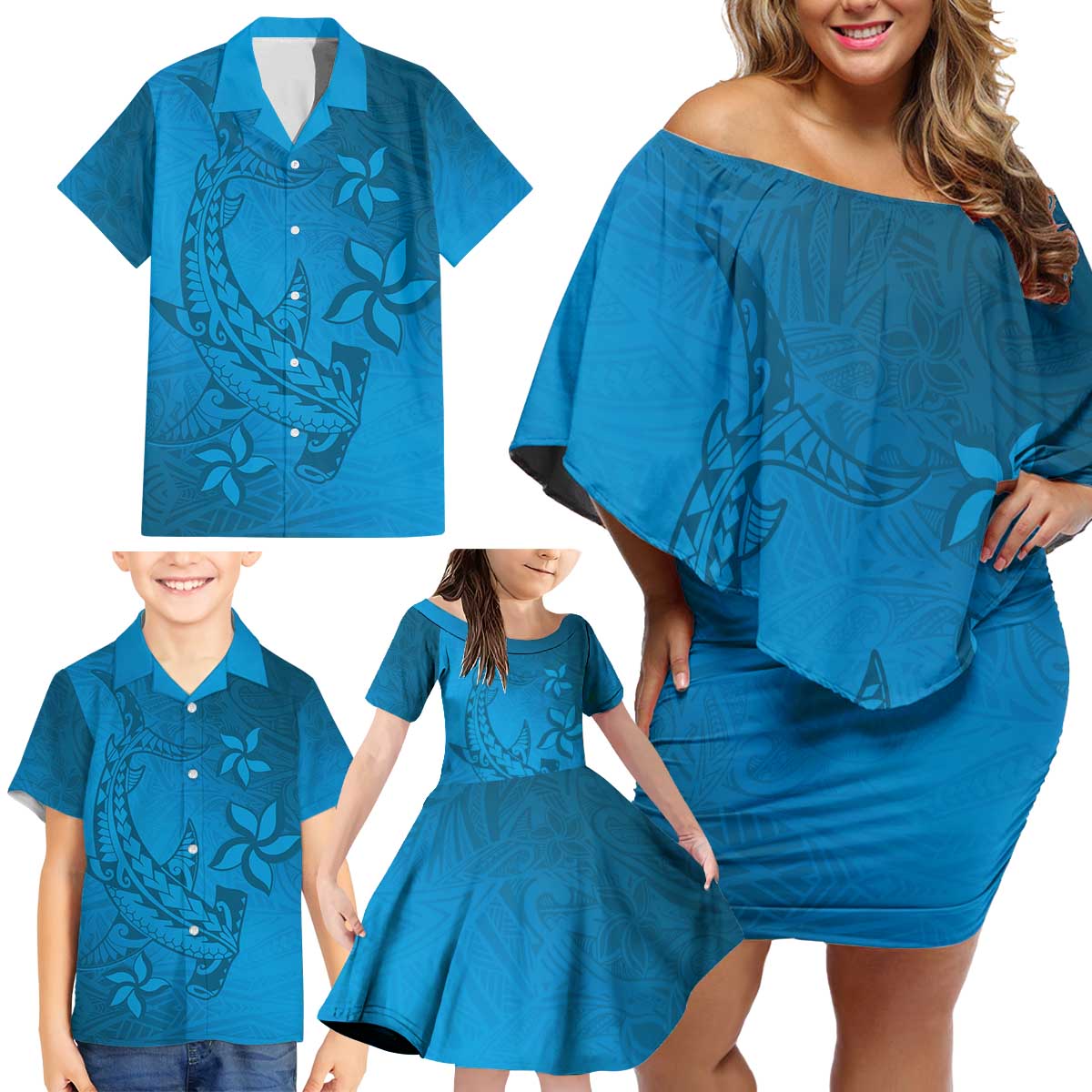 Blue Gradient Polynesia Family Matching Off Shoulder Short Dress and Hawaiian Shirt Hawaiian Tribal Hammerhead Shark Tattoo LT14 - Polynesian Pride