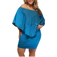 Blue Gradient Polynesia Family Matching Off Shoulder Short Dress and Hawaiian Shirt Hawaiian Tribal Hammerhead Shark Tattoo LT14 Mom's Dress Blue - Polynesian Pride
