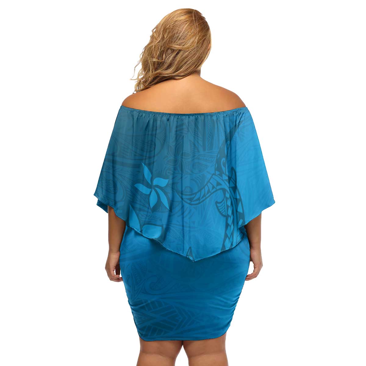 Blue Gradient Polynesia Family Matching Off Shoulder Short Dress and Hawaiian Shirt Hawaiian Tribal Hammerhead Shark Tattoo LT14 - Polynesian Pride