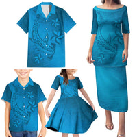 Blue Gradient Polynesia Family Matching Puletasi and Hawaiian Shirt Hawaiian Tribal Hammerhead Shark Tattoo LT14 - Polynesian Pride