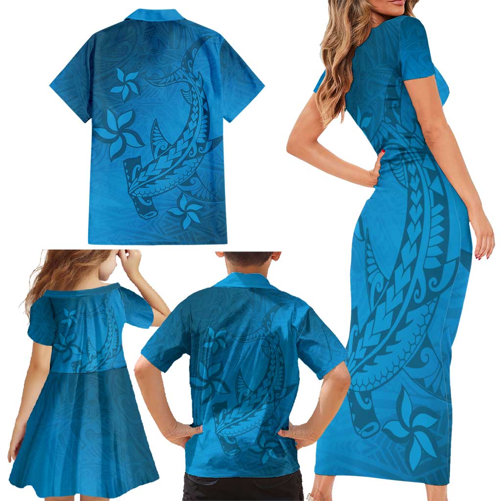 Blue Gradient Polynesia Family Matching Short Sleeve Bodycon Dress and Hawaiian Shirt Hawaiian Tribal Hammerhead Shark Tattoo LT14 - Polynesian Pride