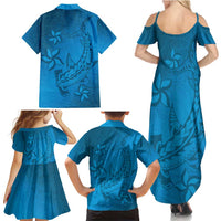 Blue Gradient Polynesia Family Matching Summer Maxi Dress and Hawaiian Shirt Hawaiian Tribal Hammerhead Shark Tattoo LT14 - Polynesian Pride