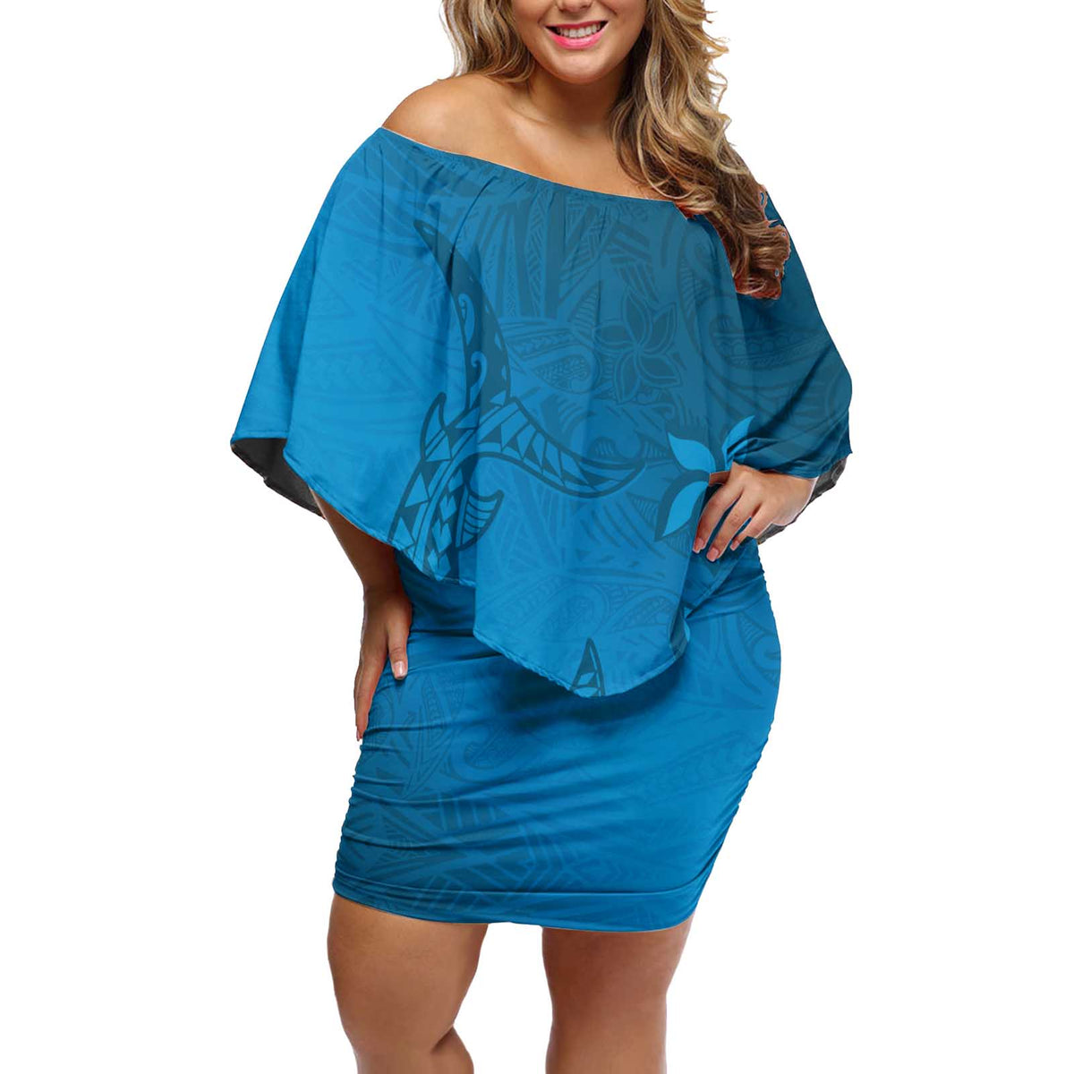 Blue Gradient Polynesia Off Shoulder Short Dress Hawaiian Tribal Hammerhead Shark Tattoo LT14 Women Blue - Polynesian Pride