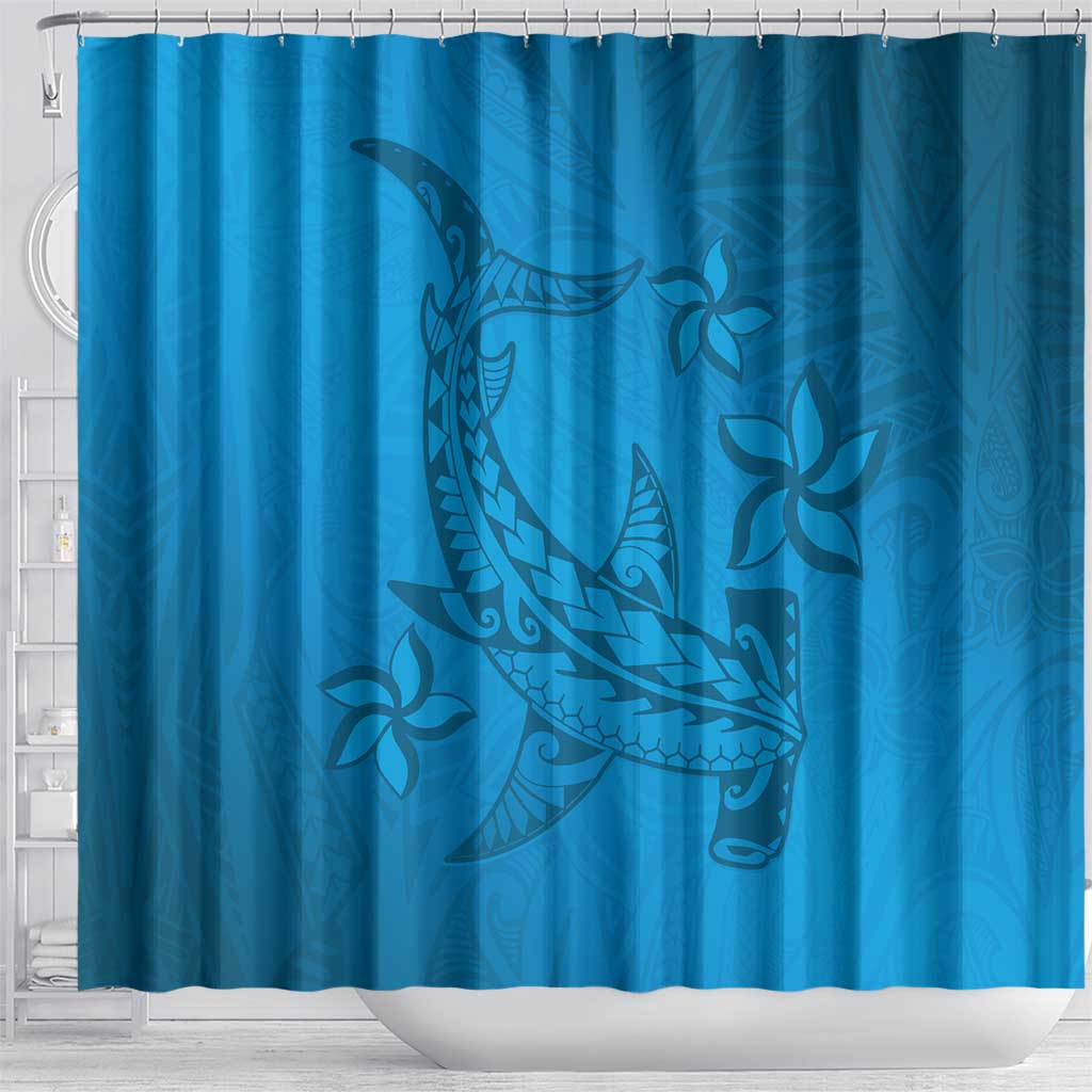 Blue Gradient Polynesia Shower Curtain Hawaiian Tribal Hammerhead Shark Tattoo
