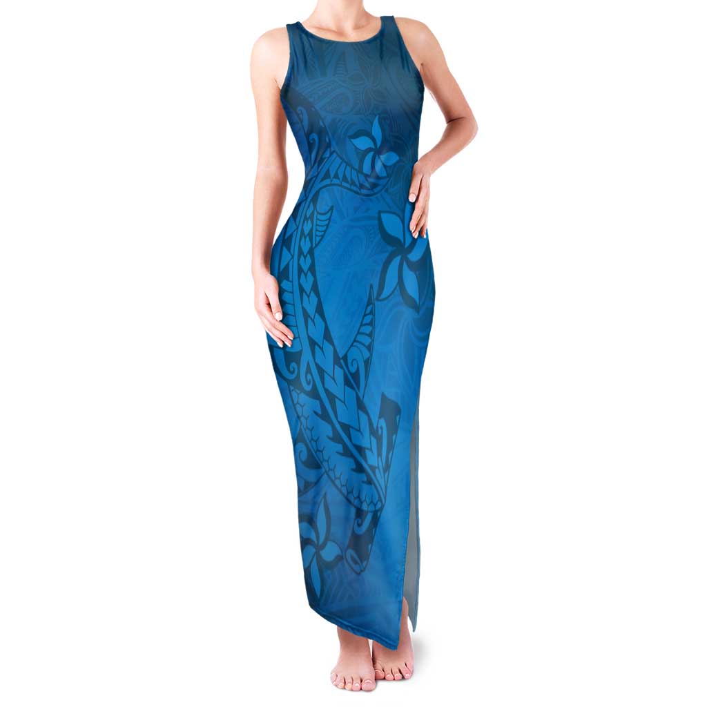 Blue Gradient Polynesia Tank Maxi Dress Hawaiian Tribal Hammerhead Shark Tattoo LT14 Women Blue - Polynesian Pride