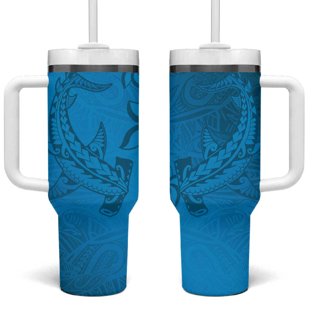 Blue Gradient Polynesia Tumbler With Handle Hawaiian Tribal Hammerhead Shark Tattoo LT14 One Size: 40 oz Blue - Polynesian Pride