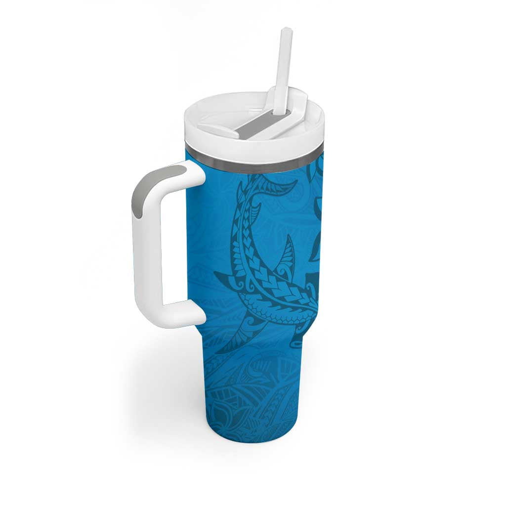 Blue Gradient Polynesia Tumbler With Handle Hawaiian Tribal Hammerhead Shark Tattoo LT14 - Polynesian Pride
