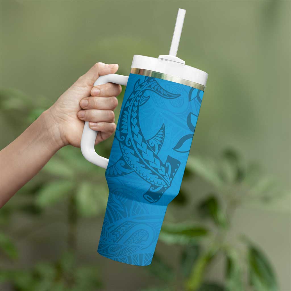 Blue Gradient Polynesia Tumbler With Handle Hawaiian Tribal Hammerhead Shark Tattoo LT14 - Polynesian Pride