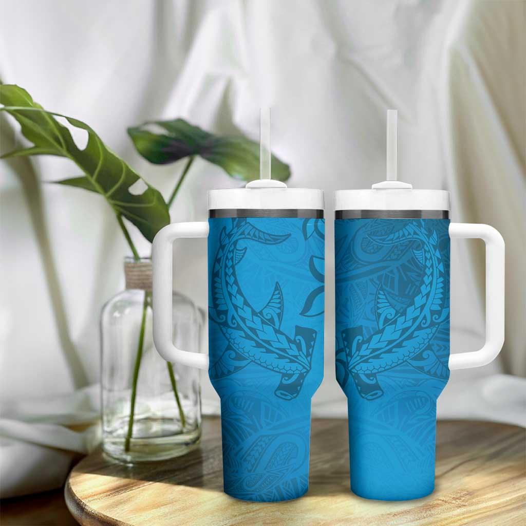 Blue Gradient Polynesia Tumbler With Handle Hawaiian Tribal Hammerhead Shark Tattoo LT14 - Polynesian Pride