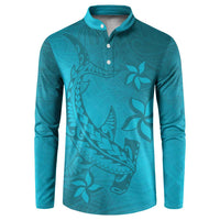 Dark Cyan Gradient Polynesia Button Sweatshirt Hawaiian Tribal Hammerhead Shark Tattoo