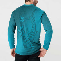 Dark Cyan Gradient Polynesia Button Sweatshirt Hawaiian Tribal Hammerhead Shark Tattoo