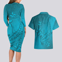 Dark Cyan Gradient Polynesia Couples Matching Long Sleeve Bodycon Dress and Hawaiian Shirt Hawaiian Tribal Hammerhead Shark Tattoo LT14 - Polynesian Pride