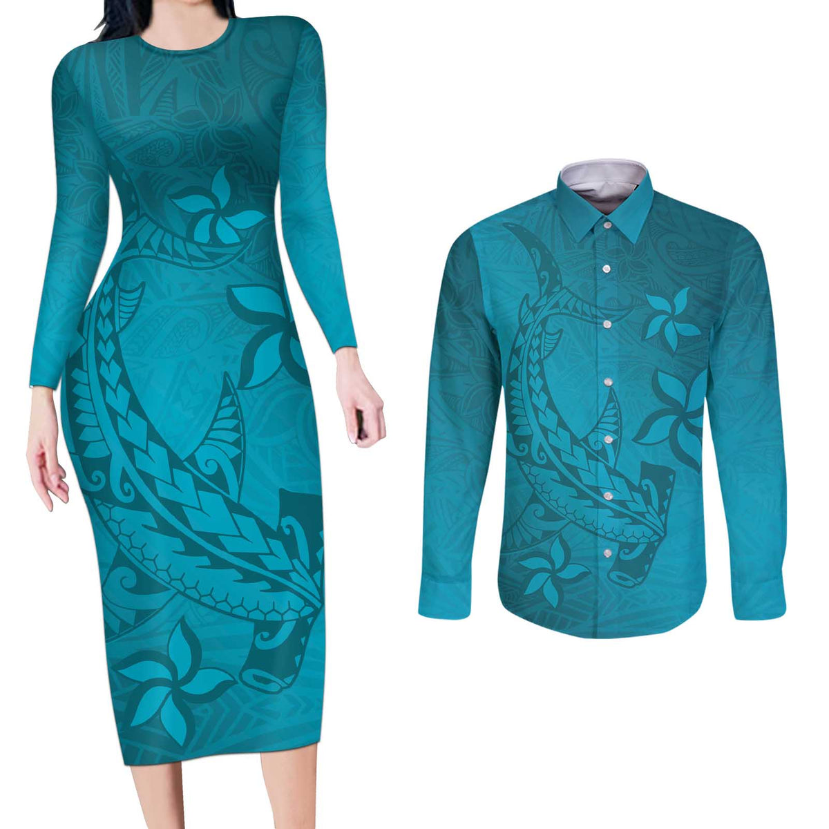 Dark Cyan Gradient Polynesia Couples Matching Long Sleeve Bodycon Dress and Long Sleeve Button Shirt Hawaiian Tribal Hammerhead Shark Tattoo LT14 Dark Cyan - Polynesian Pride